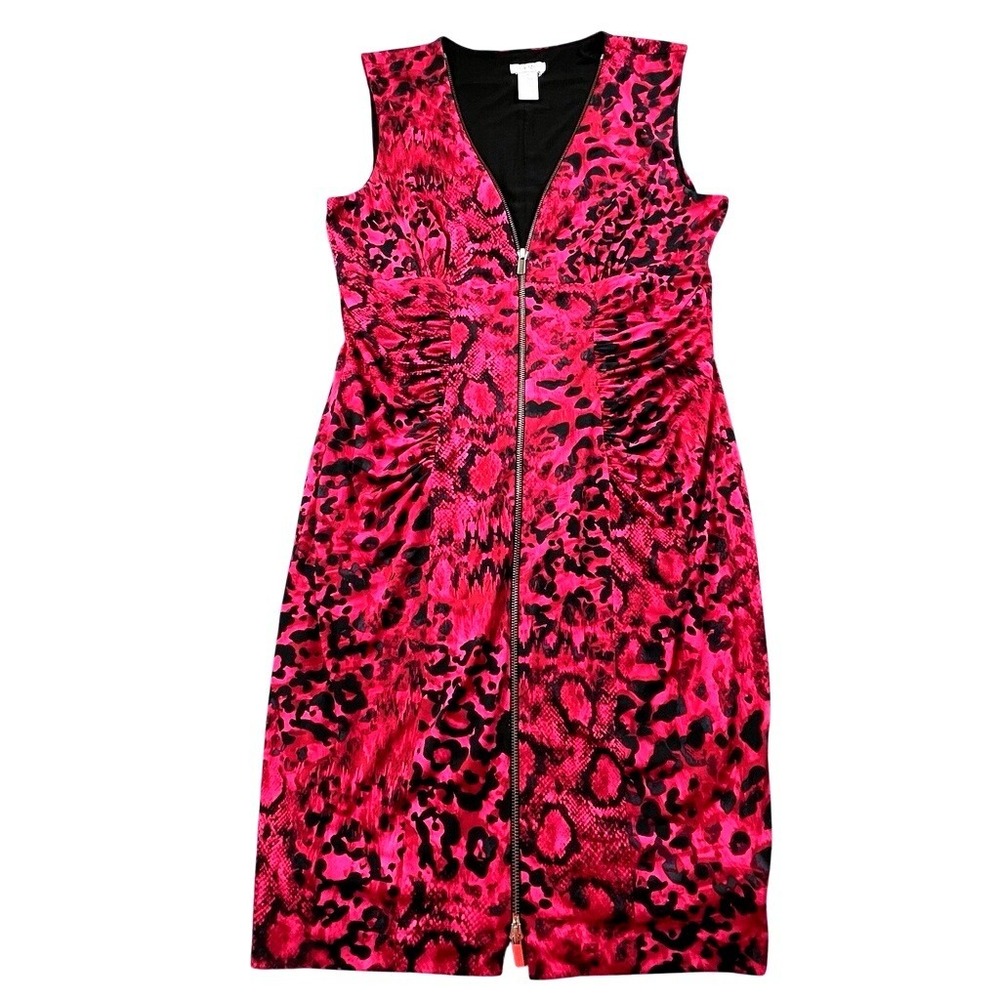 Cache Hot Pink Animal Print Stretch Bodycon Dress Zip Front Ruched Sleeveless XL
